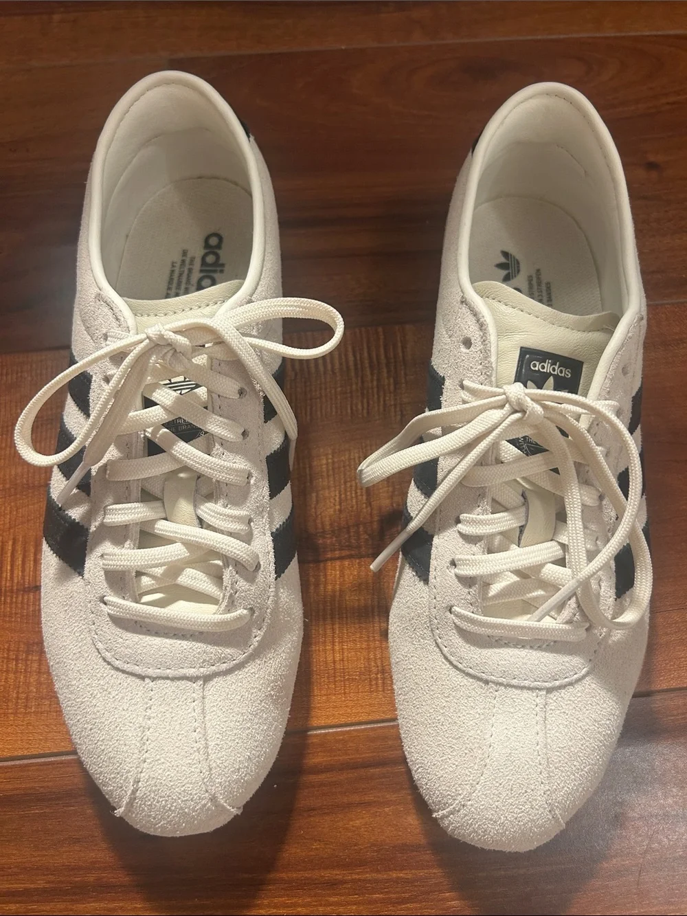 Adidas Women’s Off-White Suede Sneakers with Black Stripes